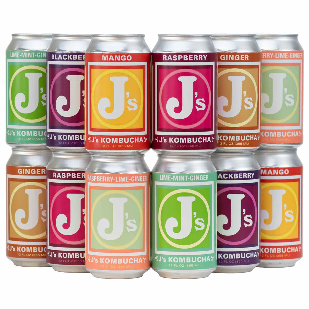 J's Kombucha, sampler pack Kombucha, 12 oz cans