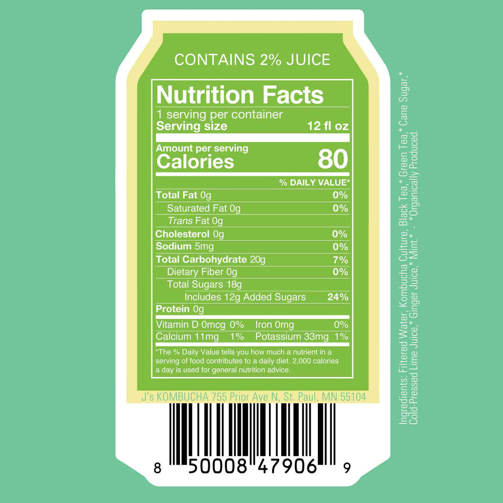 J's Kombucha - Lime-Mint-Ginger Nutrition Facts