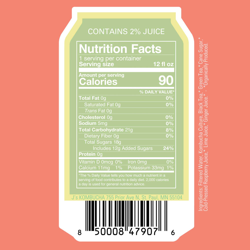J's Kombucha - Raspberry-Lime-Ginger Nutrition Facts