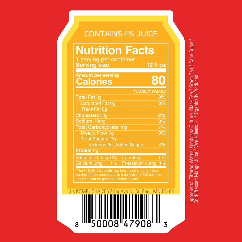 J's Kombucha, Mango Kombucha Nutrition Facts