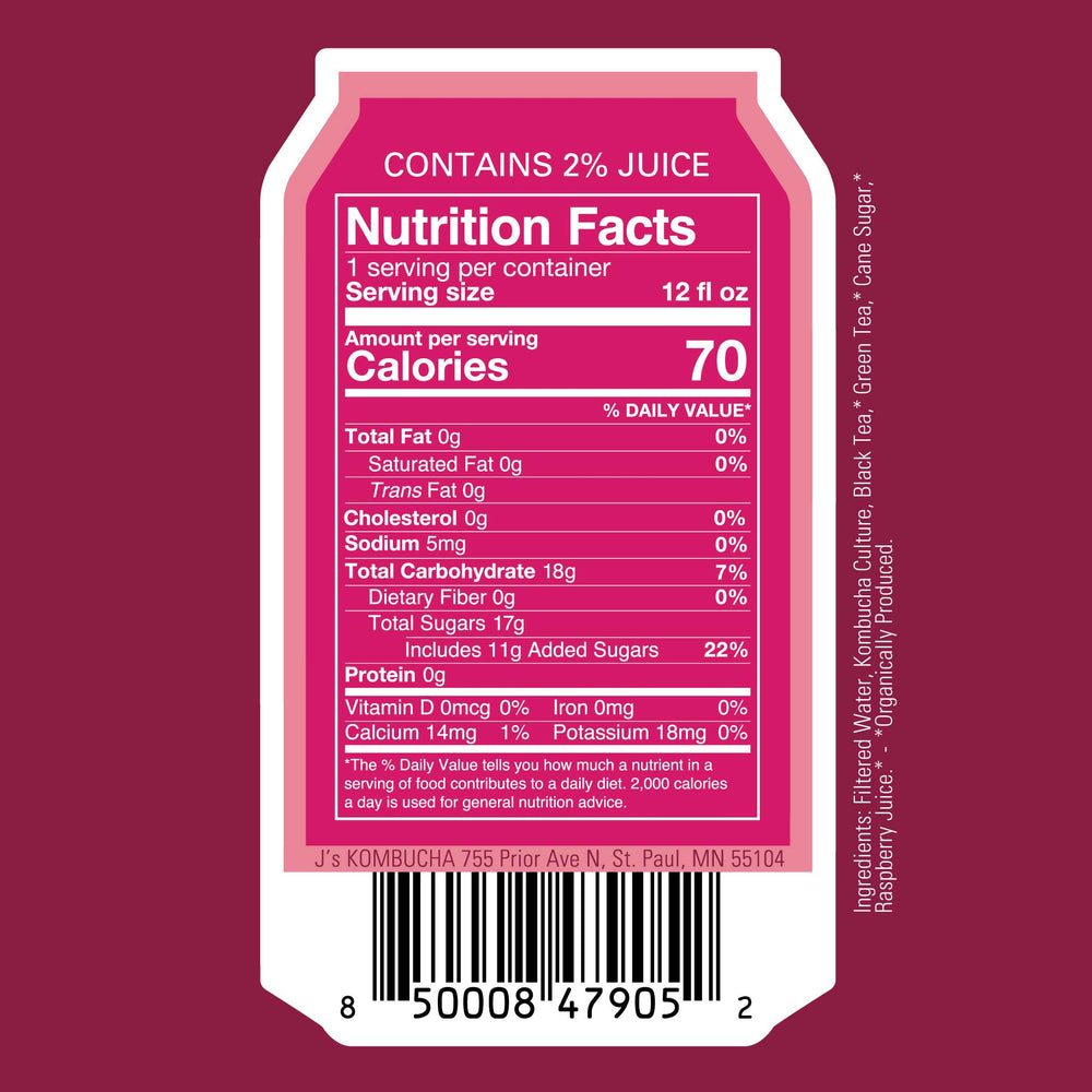 
            
                Load image into Gallery viewer, J&amp;#39;s Kombucha, Raspberry Kombucha Nutrition Facts
            
        